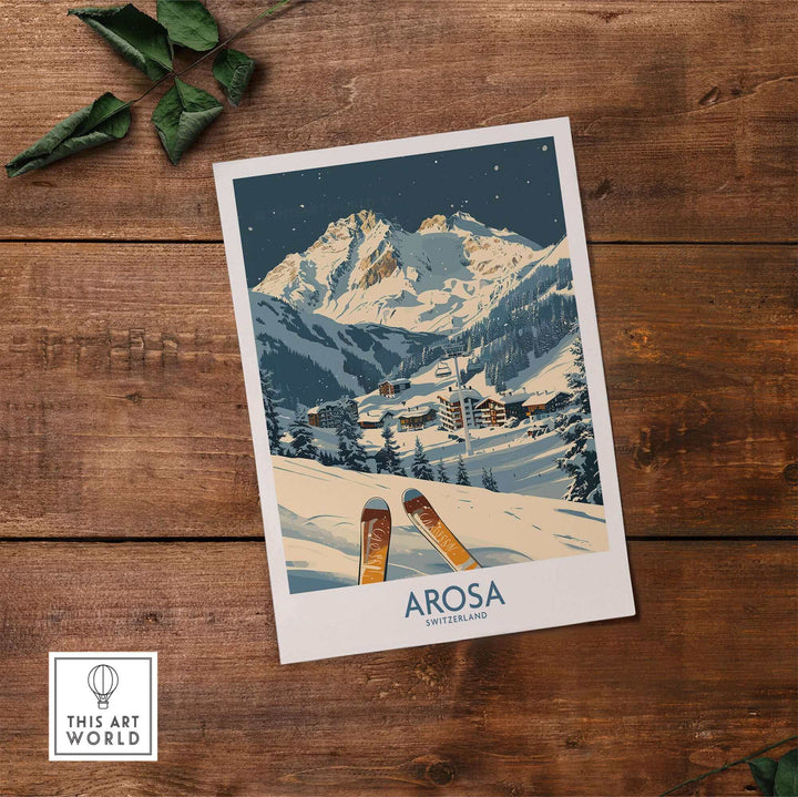 Arosa Ski Print showcasing Swiss Alps with ski slopes, capturing the beauty of winter in Switzerland.