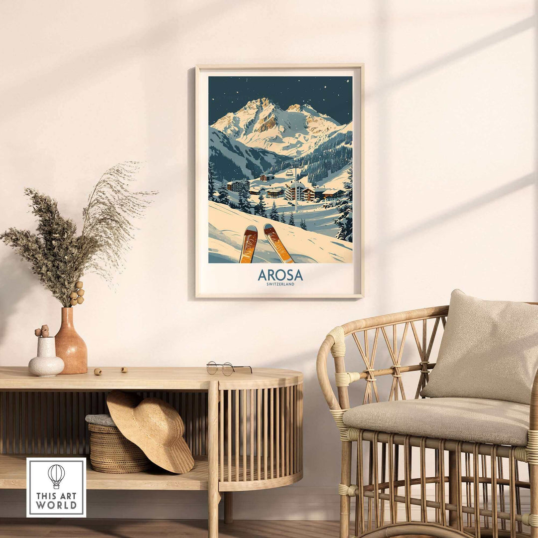 Arosa Ski Print featuring Swiss Alps, elegant decor in a cozy room, showcasing skiing adventure and sophistication.