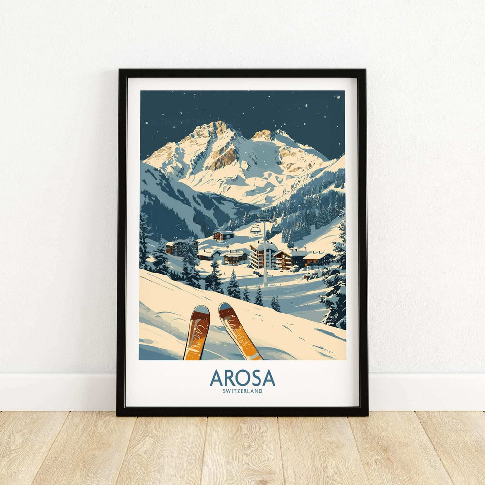 Arosa Ski Print featuring Swiss Alps, showcasing ski slopes and a picturesque village, perfect for home decor.