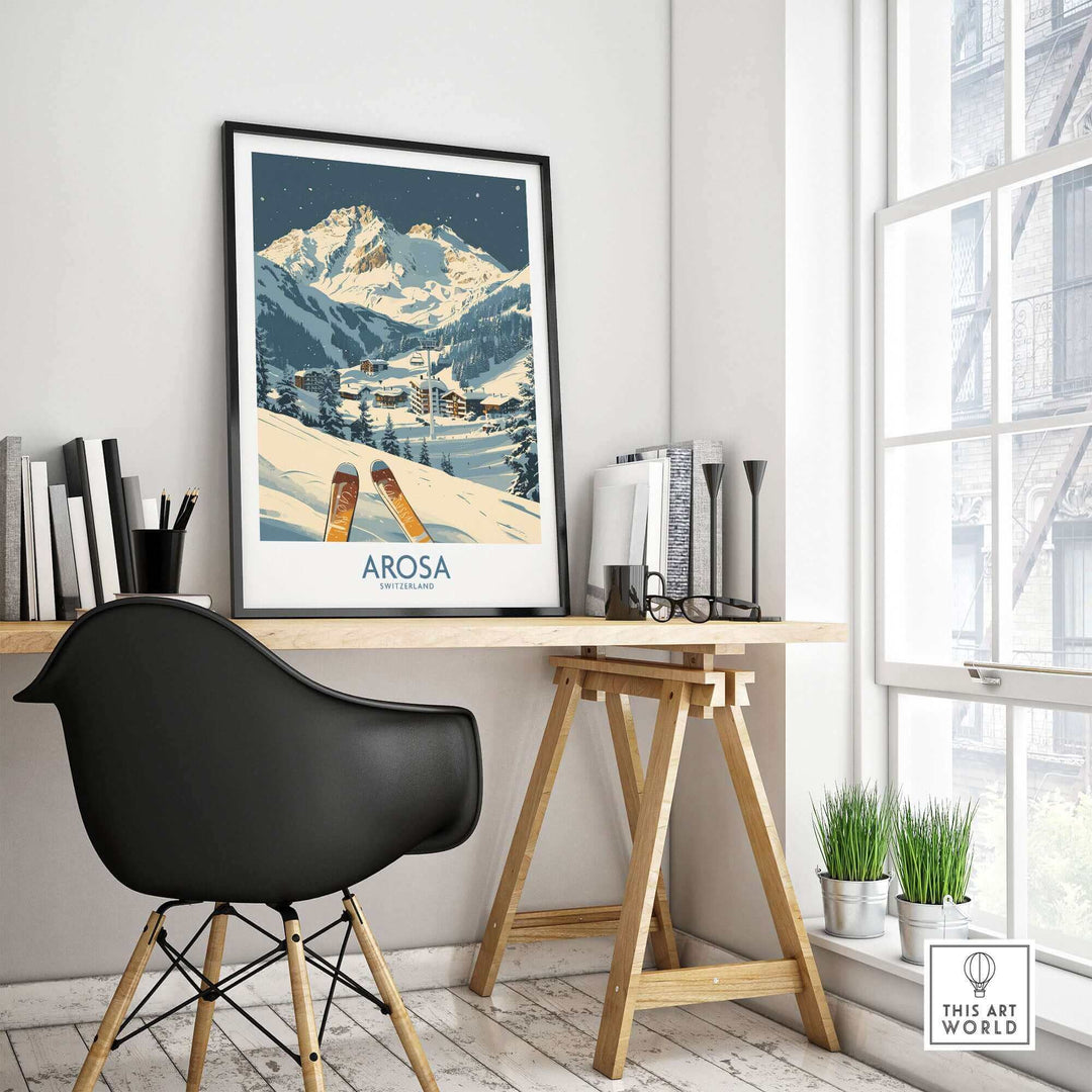 Arosa Ski Print featuring Swiss Alps scenery, displayed in a modern home office setting with stylish decor.