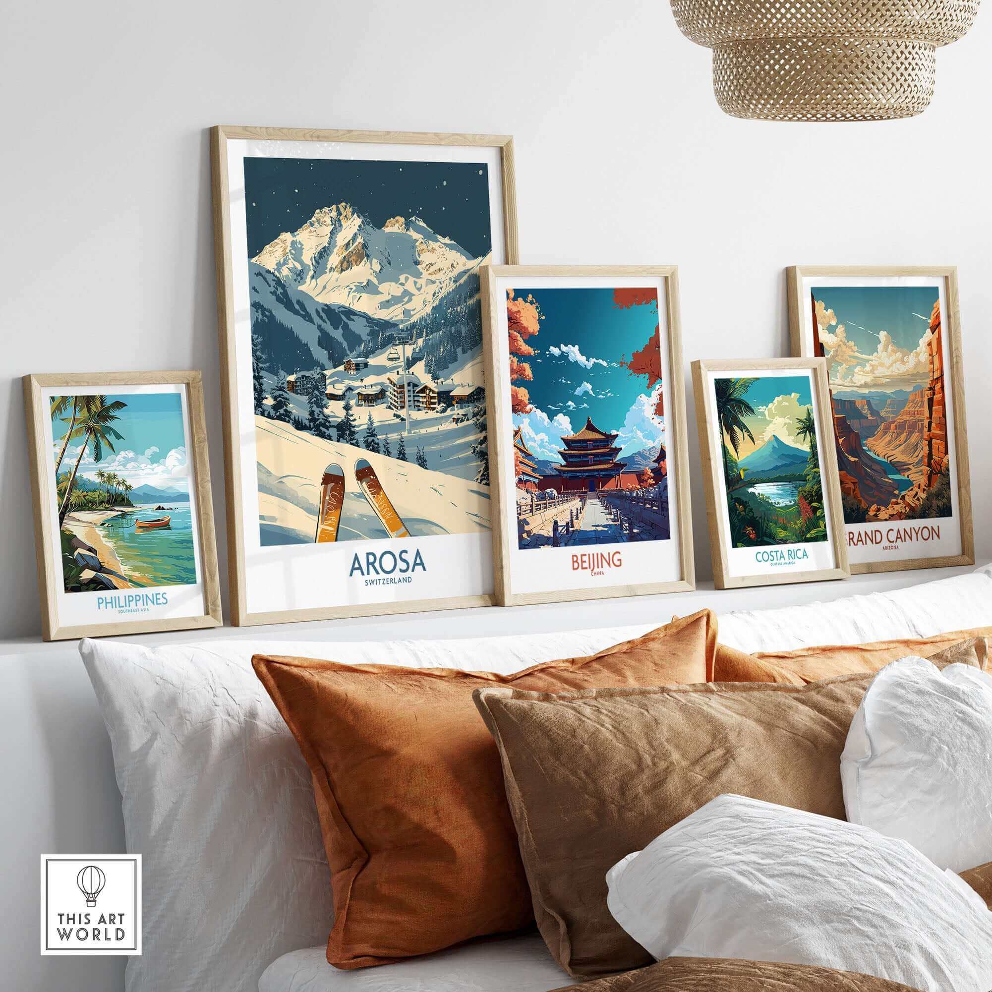 Arosa Ski Print featured among travel art prints on a stylish interior wall, showcasing Switzerland's alpine beauty.