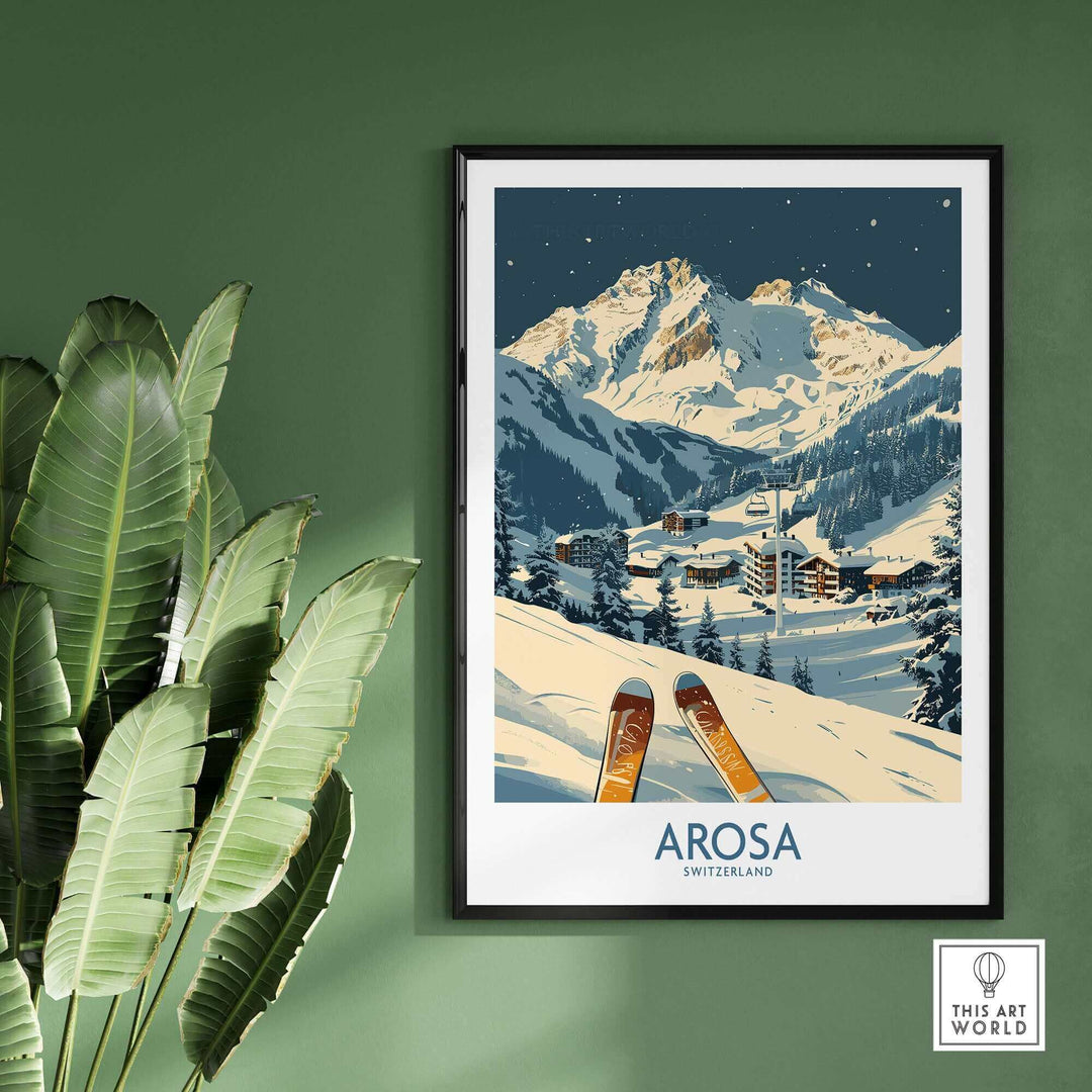 Arosa Ski Print showcasing Swiss Alps, featuring snow-covered slopes and ski equipment in an elegant frame on a green wall.