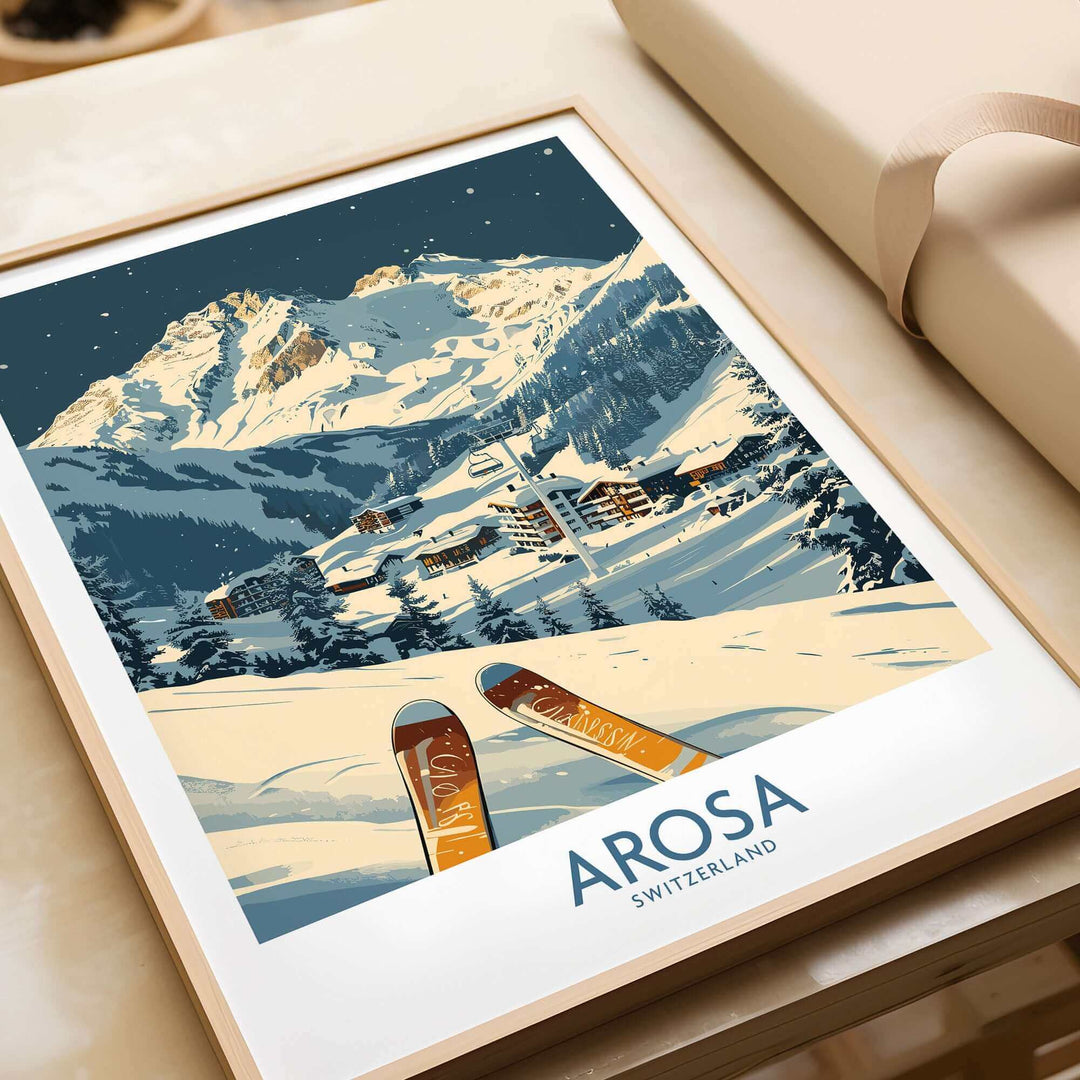 Arosa Ski Print showcasing Swiss Alps slopes with skis, adding elegance and adventure to home decor.