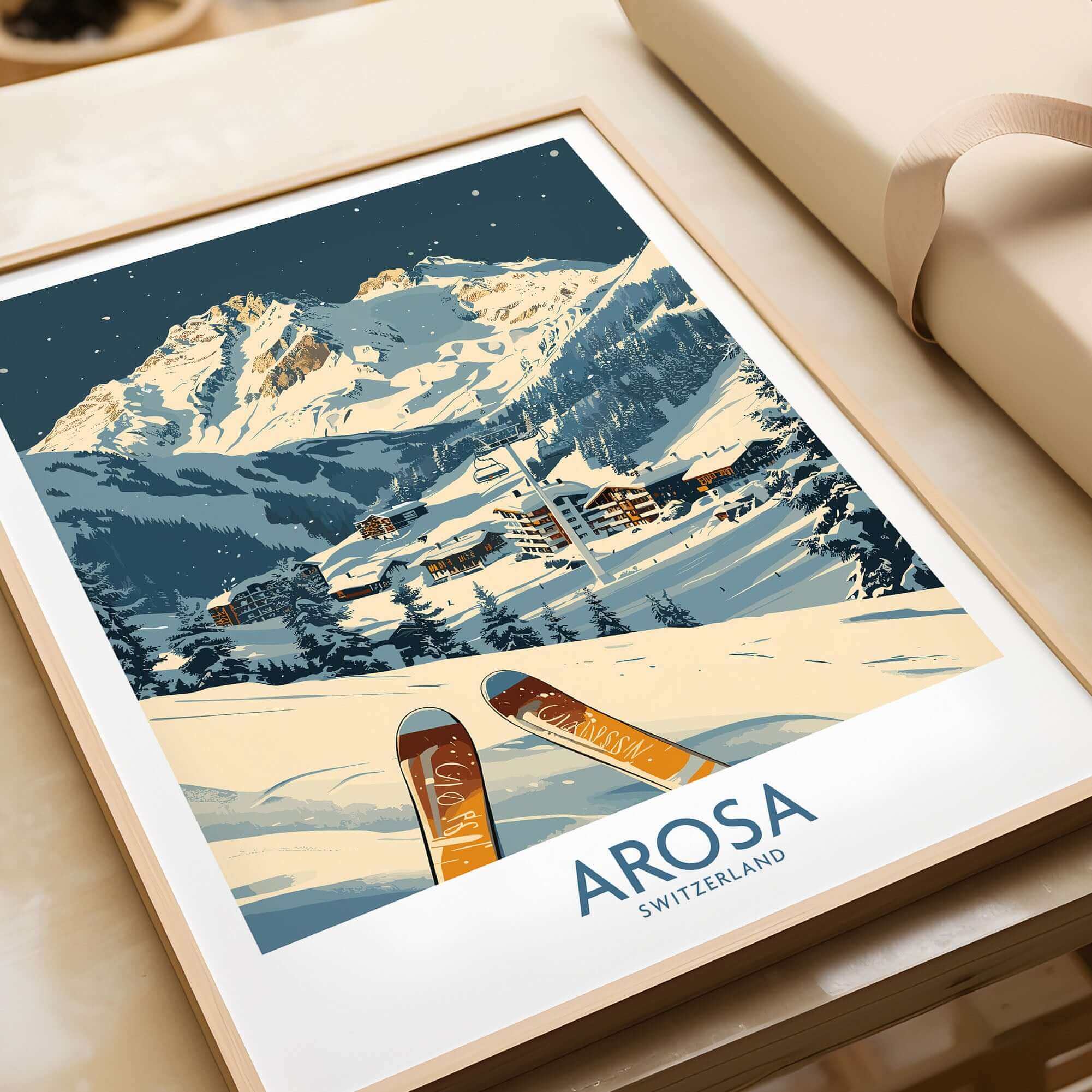 Arosa Ski Print showcasing Swiss Alps slopes with skis, adding elegance and adventure to home decor.