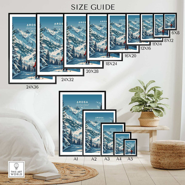 Arosa Travel Poster size guide showcasing various frame sizes for Swiss landscape decor options.