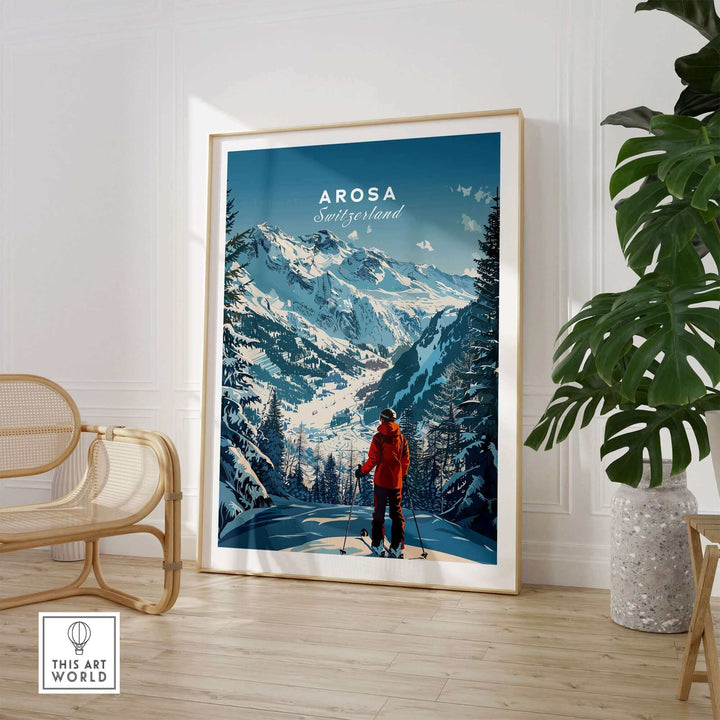 Arosa travel poster featuring snowy mountains and a skier in red, showcasing the beauty of Switzerland in a stylish home setting.