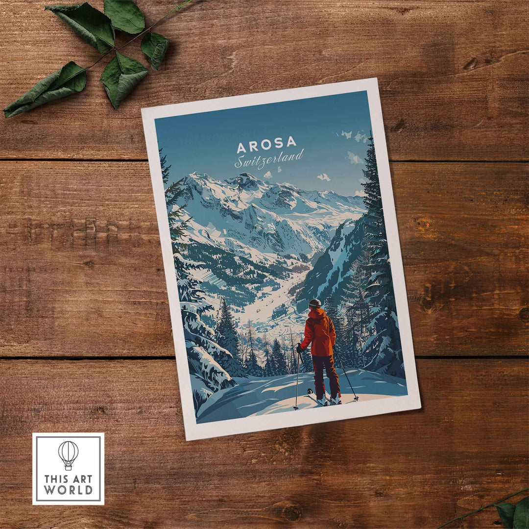 Arosa Travel Poster showcasing stunning Swiss mountain landscapes and a skier in vibrant winter setting. Perfect for adventure inspiration!