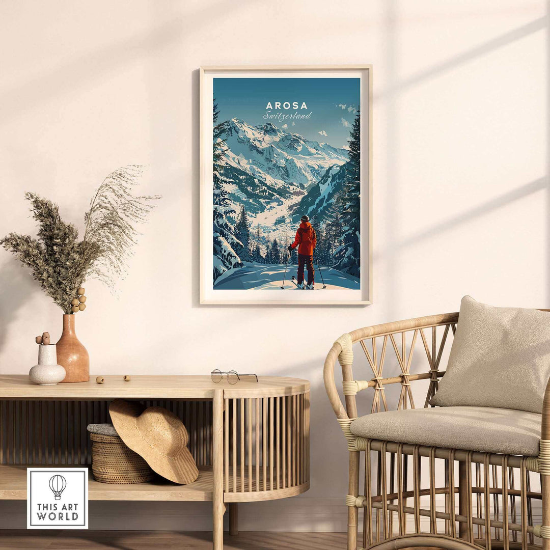 Arosa travel poster showcasing snowy mountains and a skier, perfect for home decor and adventure inspiration.