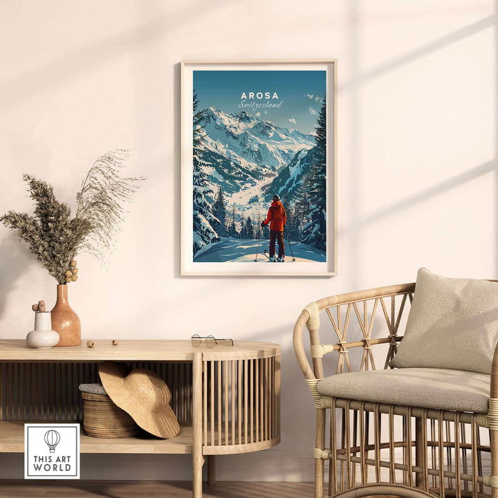 Arosa travel poster showcasing snowy mountains and a skier, perfect for home decor and adventure inspiration.