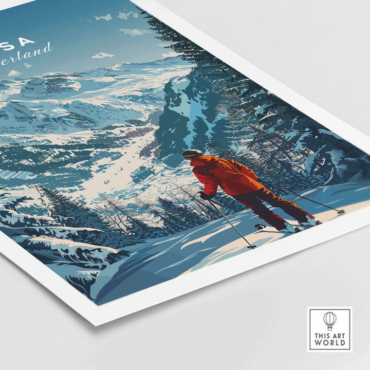 Arosa Travel Poster showcasing a skier in vibrant orange against stunning snowy mountains in Switzerland.