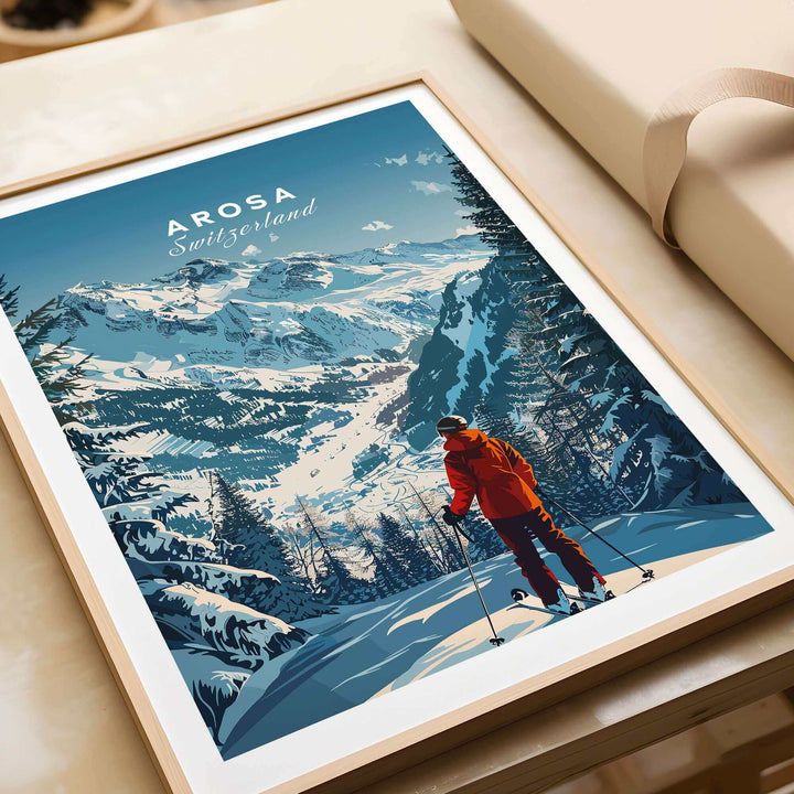 Arosa Travel Poster showcasing a skier in vibrant scenery of Switzerland's mountains and winter landscape.