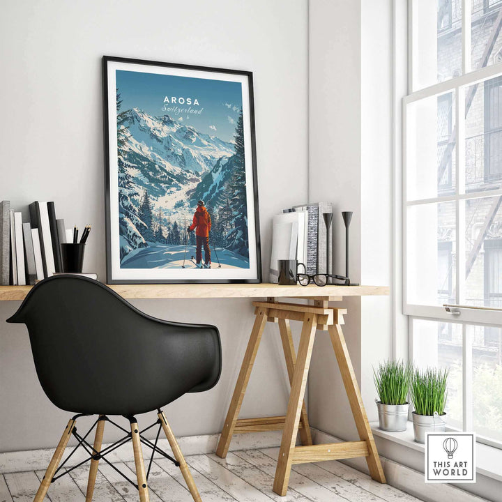 Arosa Travel Poster displayed in a stylish office setting, showcasing Switzerland's stunning mountain landscapes.