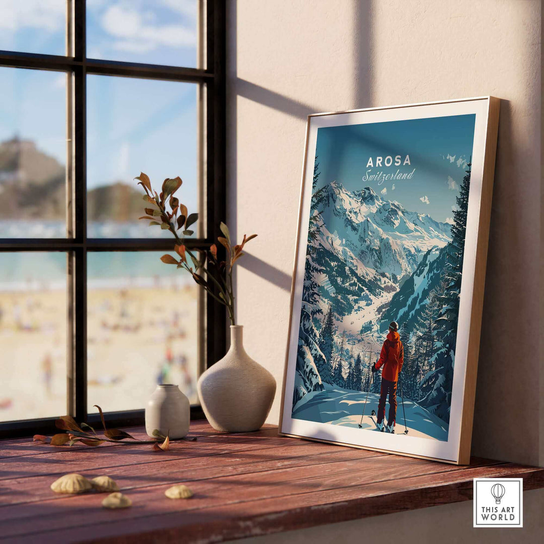 Arosa travel poster featuring stunning Swiss landscapes, displayed in a cozy room with a window view. Perfect for adventure lovers!