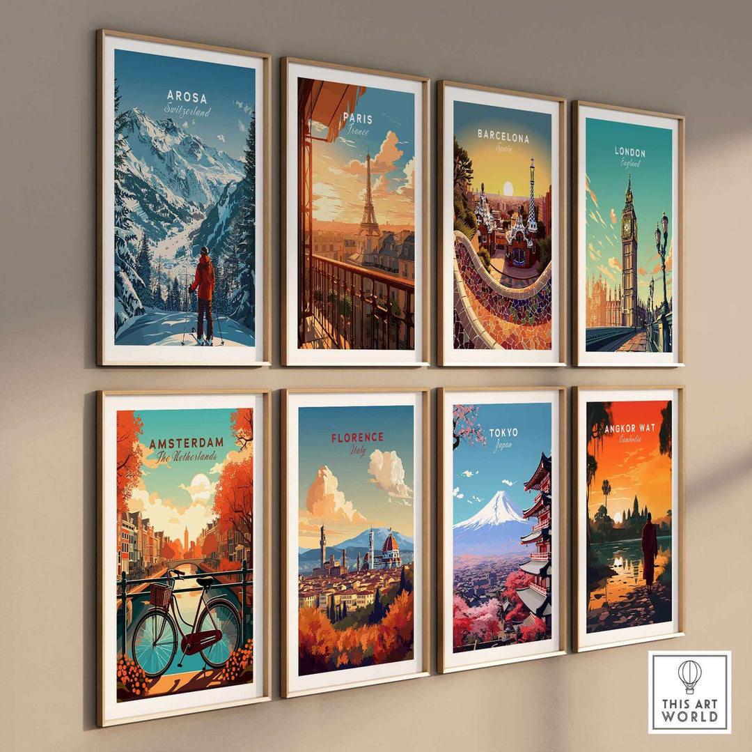 A collection of vibrant travel posters including Arosa, Paris, Barcelona, and more, showcasing iconic landscapes and landmarks.