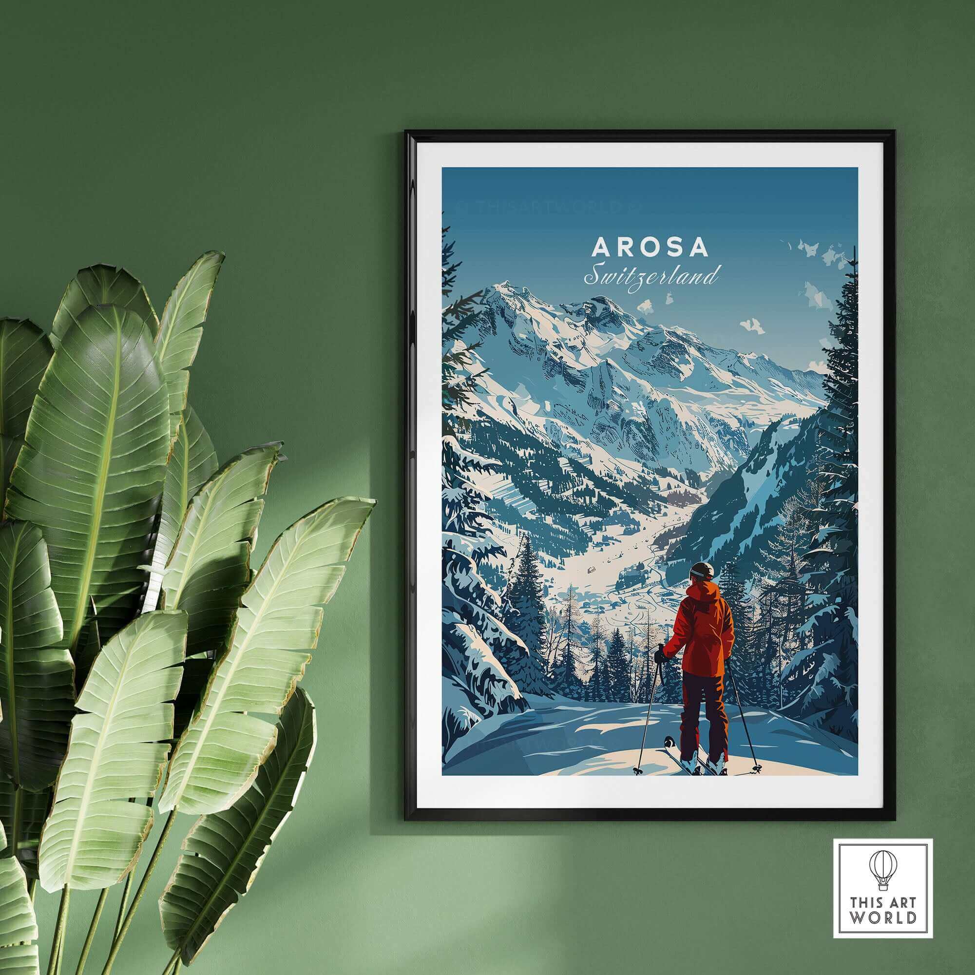 Arosa Travel Poster showcasing stunning Swiss mountains and a skier, perfect for home or office decor.