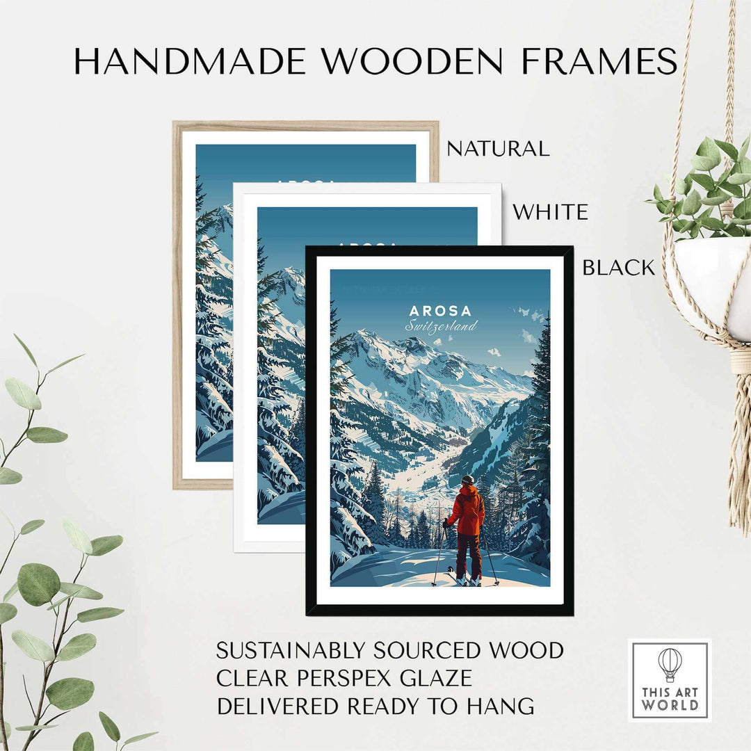 Handmade wooden frames in natural, white, and black showcasing Arosa travel poster with mountain landscape.