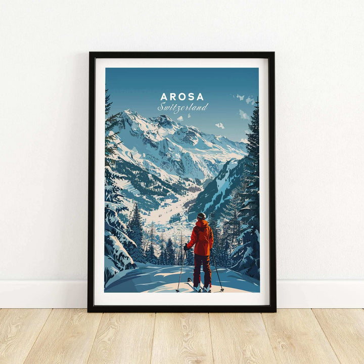 Arosa Travel Poster featuring snowy Swiss mountains and a skier in a red jacket, showcasing the beauty of Switzerland.