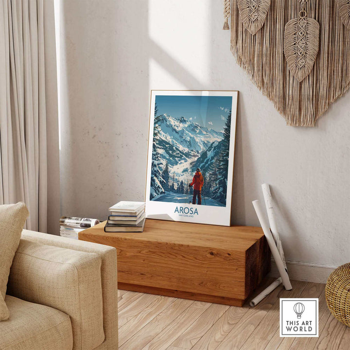 Arosa Wall Art Print featuring Switzerland's ski slopes, displayed in a cozy room setting, enhancing elegance and adventure.