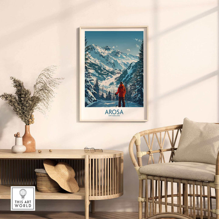 Arosa Wall Art Print featuring skier with Swiss mountains, adding elegance and adventure to your room decor.