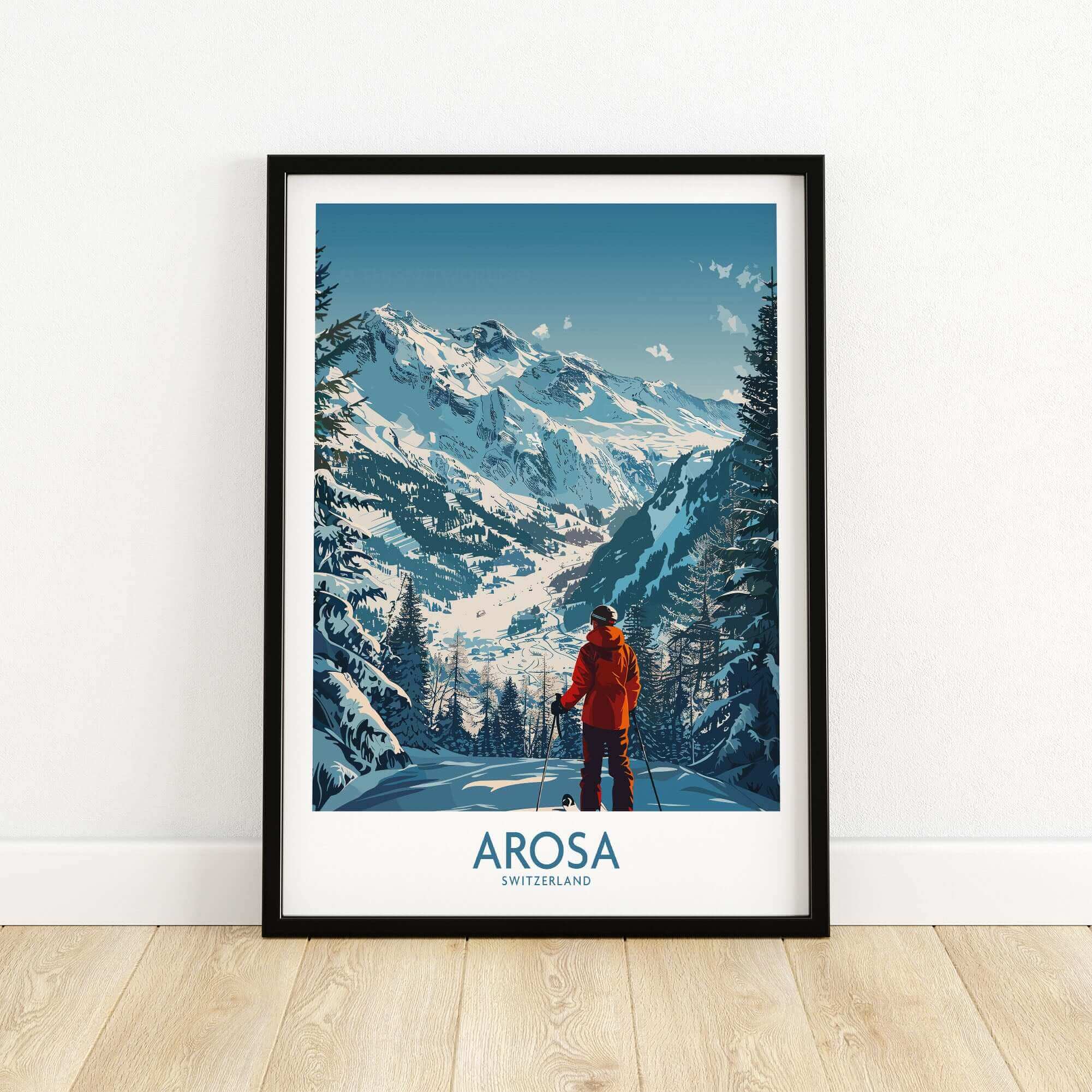 Arosa Wall Art Print showcasing stunning Swiss ski slopes and mountains, perfect for home decor.