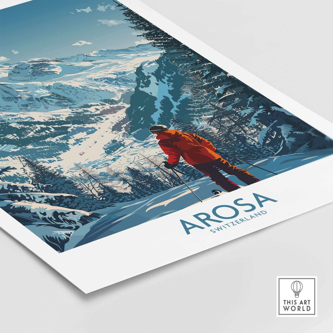 Arosa Wall Art Print featuring a skier overlooking snow-covered Swiss mountains, perfect for adding elegance and adventure to any room.