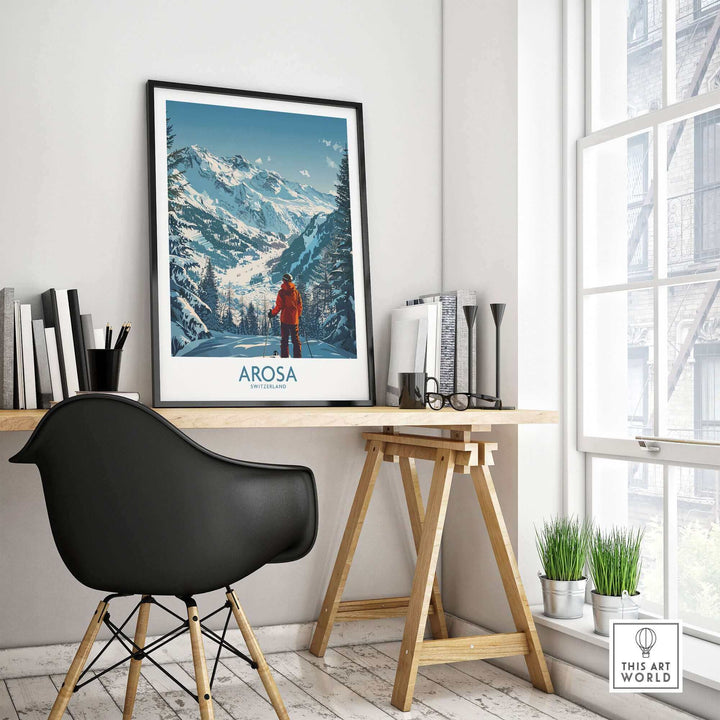 Arosa Wall Art Print featuring Switzerland's ski slopes displayed in a modern room setting, adding elegance and adventure.