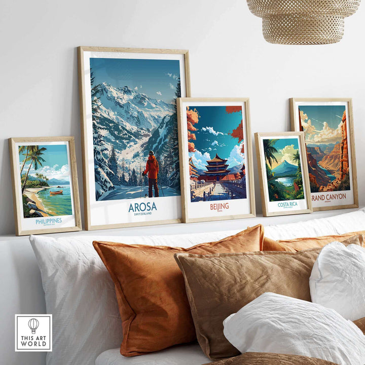 Gallery of travel-themed wall art prints including Arosa Switzerland, Beijing, Philippines, Costa Rica, and Grand Canyon.