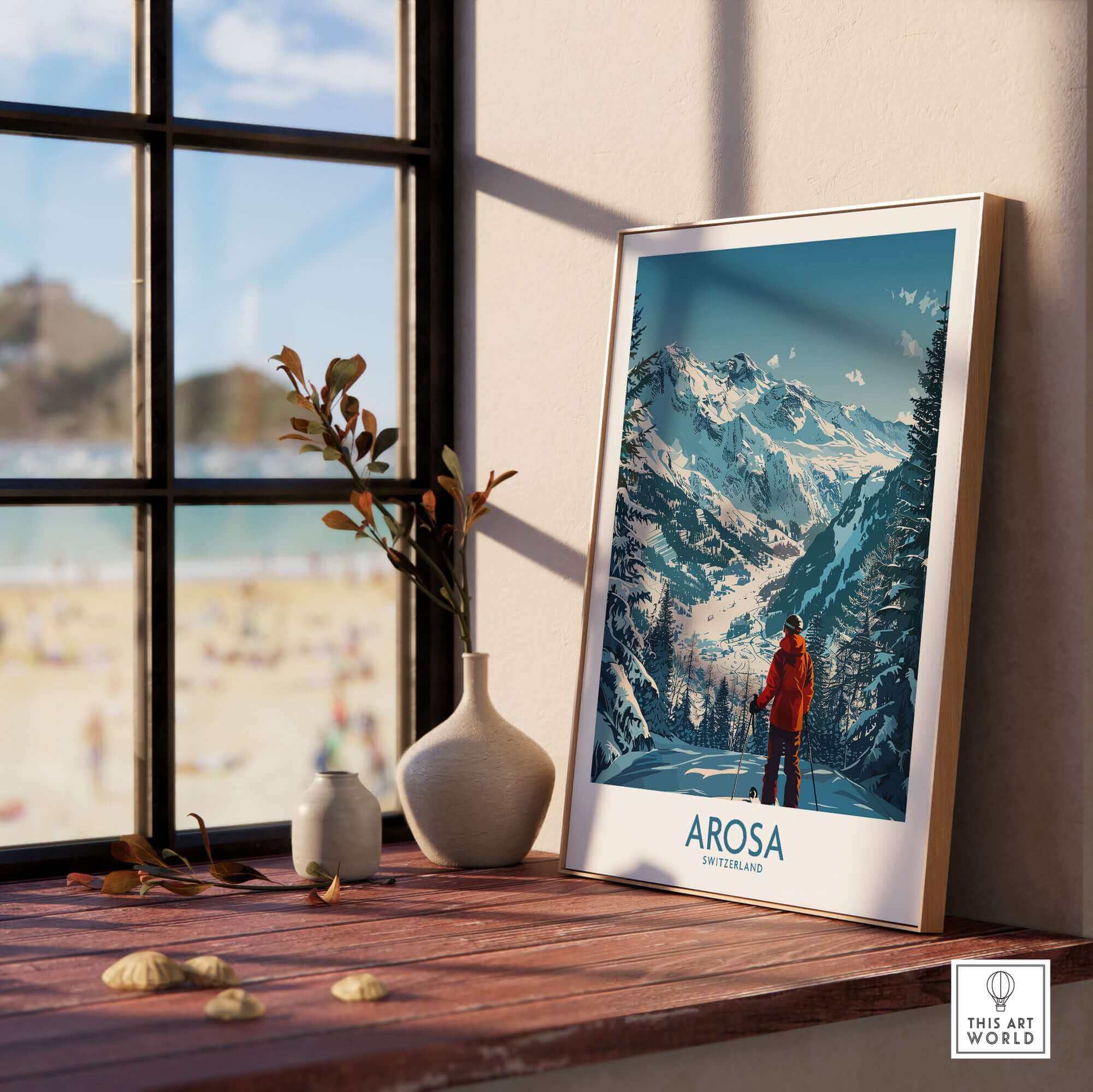 Arosa Wall Art Print showcasing Swiss ski slopes, adding elegance and adventure to a room setting with scenic mountain view.