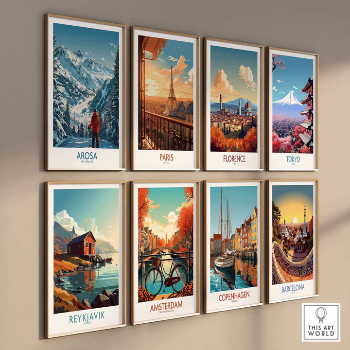 Arosa Switzerland wall art print and global city posters including Paris, Florence, and Tokyo displayed on a neutral wall.