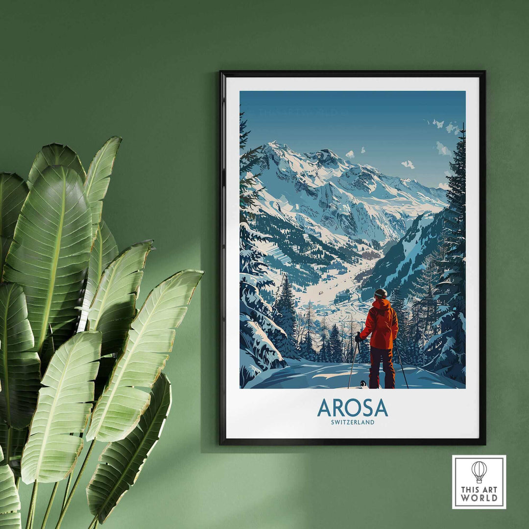 Arosa Wall Art Print featuring a skier on stunning Swiss slopes, adding elegance and adventure to any room decor.