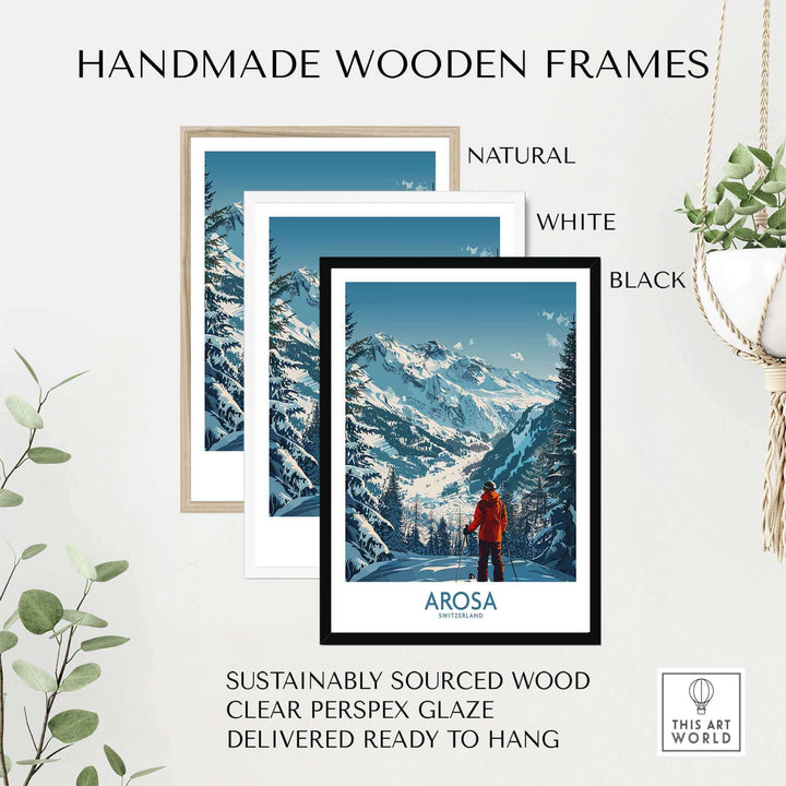 Arosa Wall Art Print featuring Swiss ski slopes in handmade wooden frame options: natural, white, black, sustainably sourced wood.