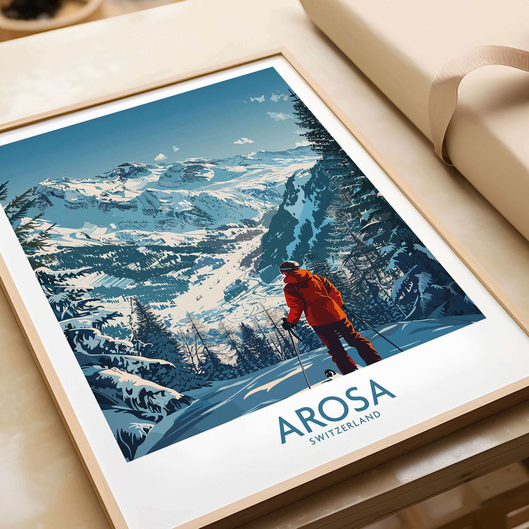 Vintage-style Arosa Wall Art Print depicting Switzerland's snowy mountains and ski slopes, adding elegance and adventure to any room.