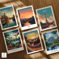 Peja Kosovo Sunset River Bridge Art Print | Mosque and Mountains Poster displayed among other city art prints.