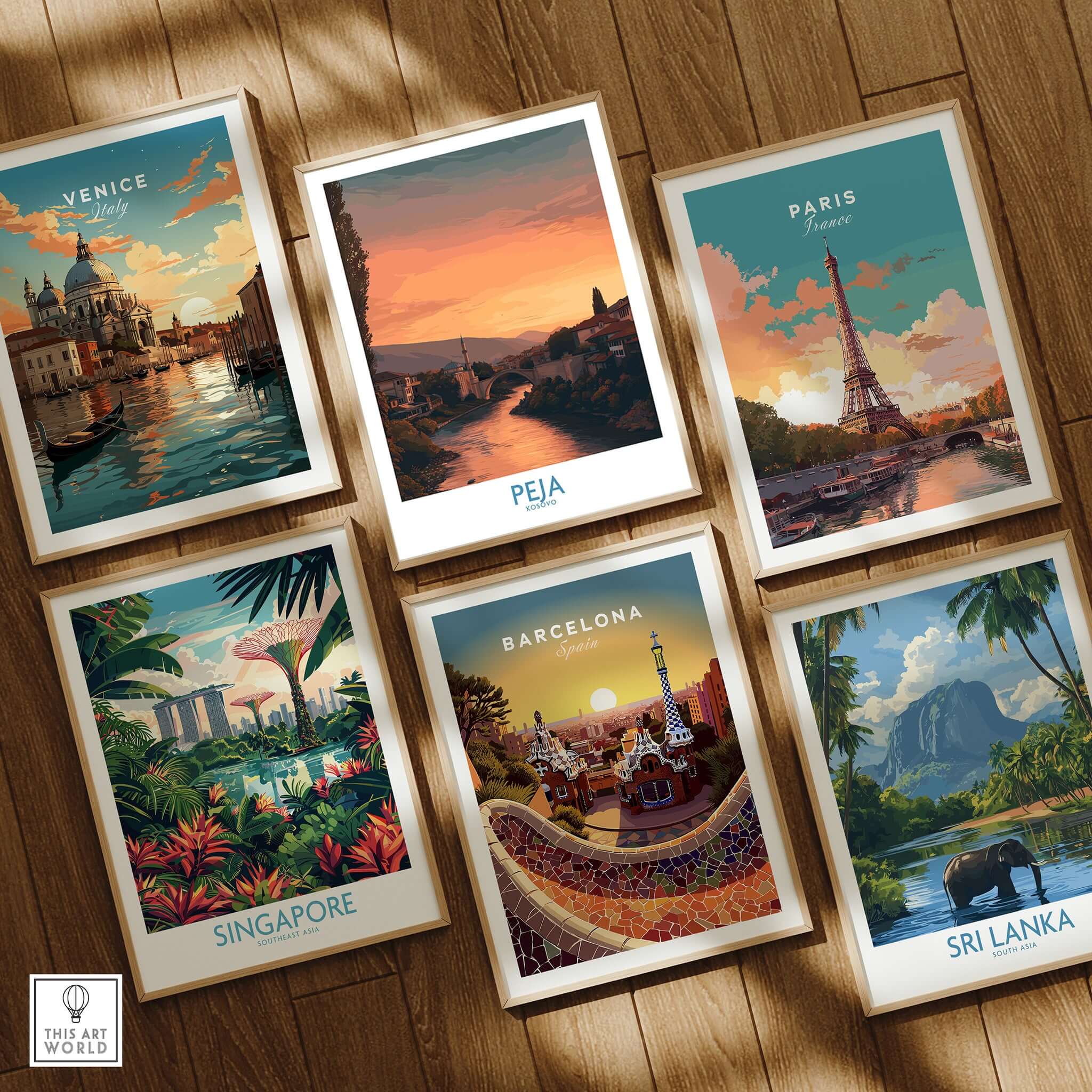 Peja Kosovo Sunset River Bridge Art Print | Mosque and Mountains Poster displayed among other city art prints.