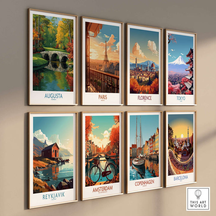 Wall art featuring travel posters of Augusta, Paris, Florence, Tokyo, Reykjavik, Amsterdam, Copenhagen, and Barcelona.
