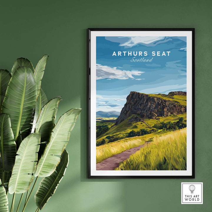 Framed Arthurs Seat Scotland travel print showing iconic mountain and green landscapes, perfect for home decor.