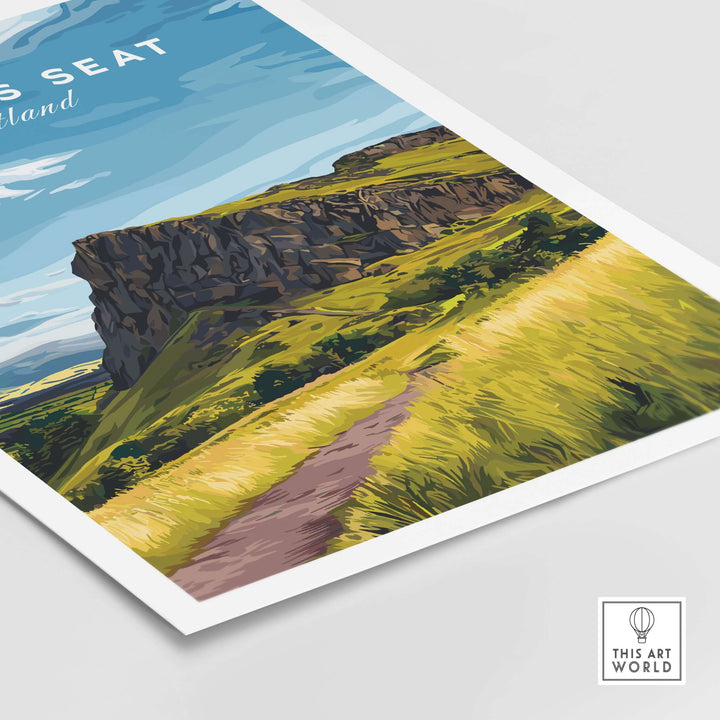 Arthurs Seat Scotland Travel Print showcasing a scenic view of the iconic mountain and lush green landscape.