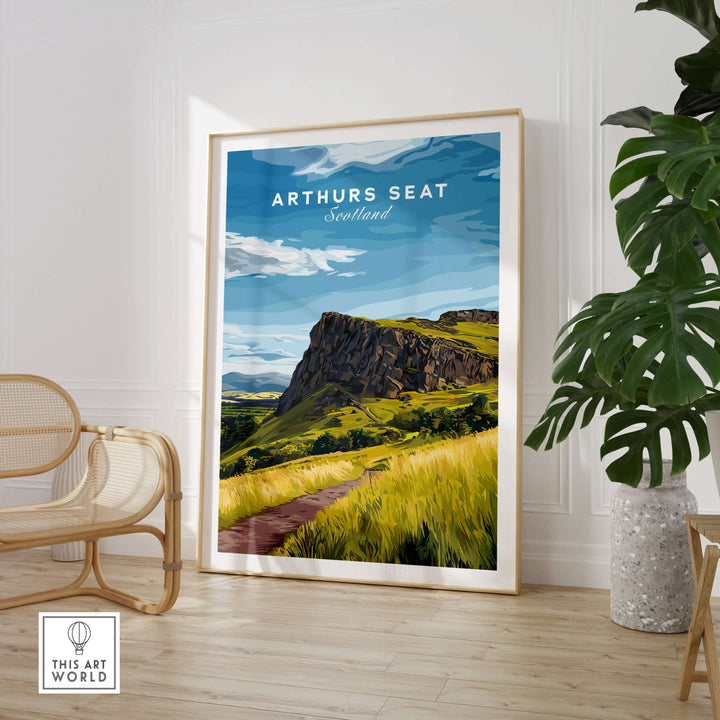 Arthurs Seat Scotland travel print showcasing the iconic mountain in vibrant colors, ideal for home decor.
