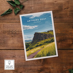 Arthurs Seat Scotland Travel Print showcasing the iconic mountain amidst lush greenery and scenic views.