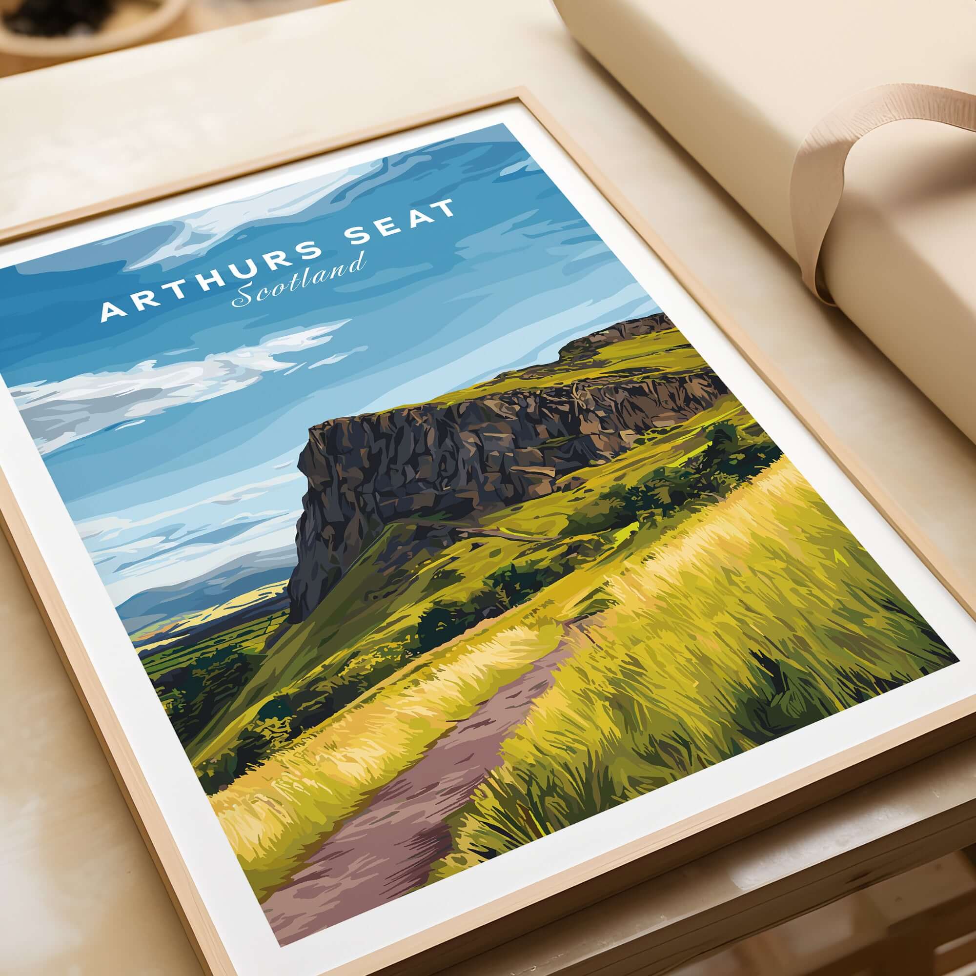 Arthurs Seat Scotland Travel Print showcasing a stunning view of the iconic mountain and lush green landscapes.