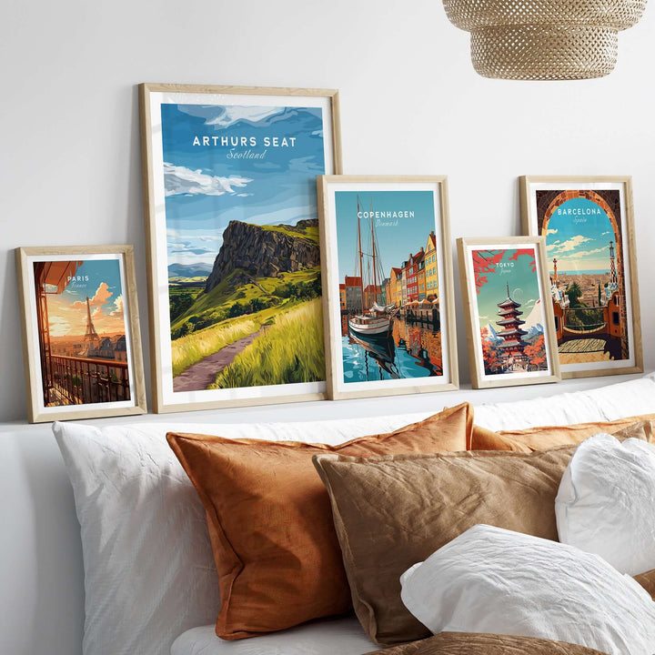 Arthurs Seat Scotland travel print displayed in a stylish home setting, showcasing scenic landscapes and travel art.
