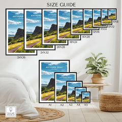 Size guide for Arthurs Seat Scotland Travel Print featuring various frame dimensions on display.