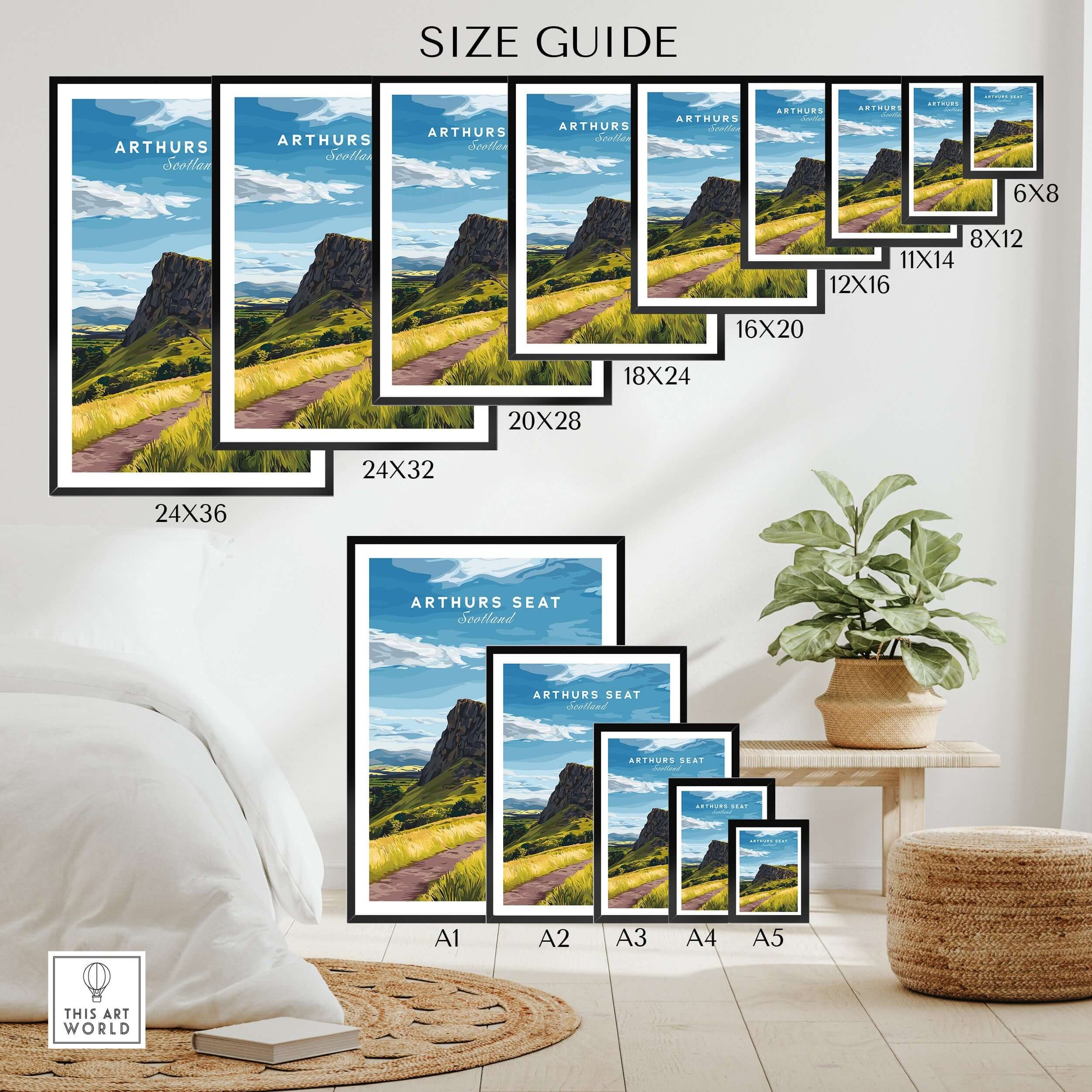 Size guide for Arthurs Seat Scotland Travel Print featuring various frame dimensions on display.