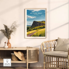 Arthurs Seat Scotland Travel Print featuring a scenic view of the iconic mountain in a stylish interior setting.