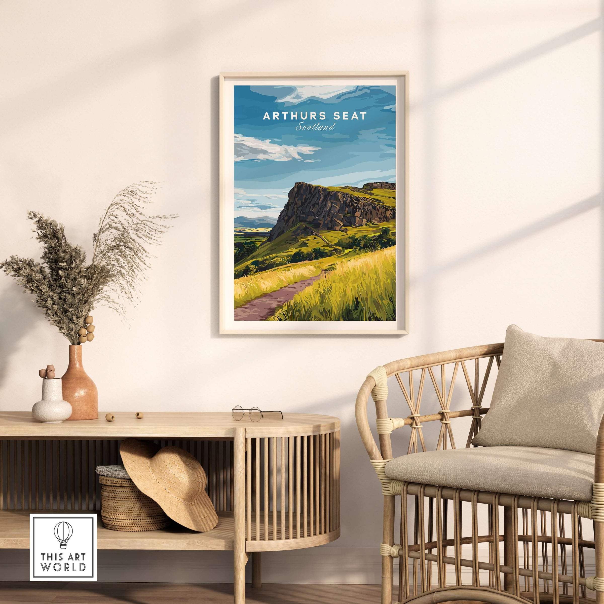 Arthurs Seat Scotland Travel Print featuring a scenic view of the iconic mountain in a stylish interior setting.