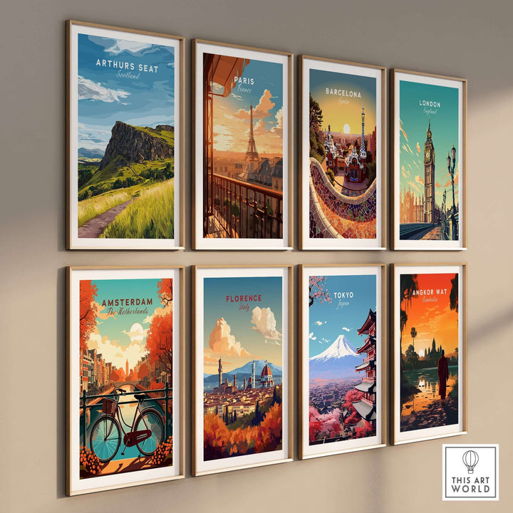 Collection of travel prints including Arthurs Seat, Paris, Barcelona, London, and more showcasing iconic landmarks.