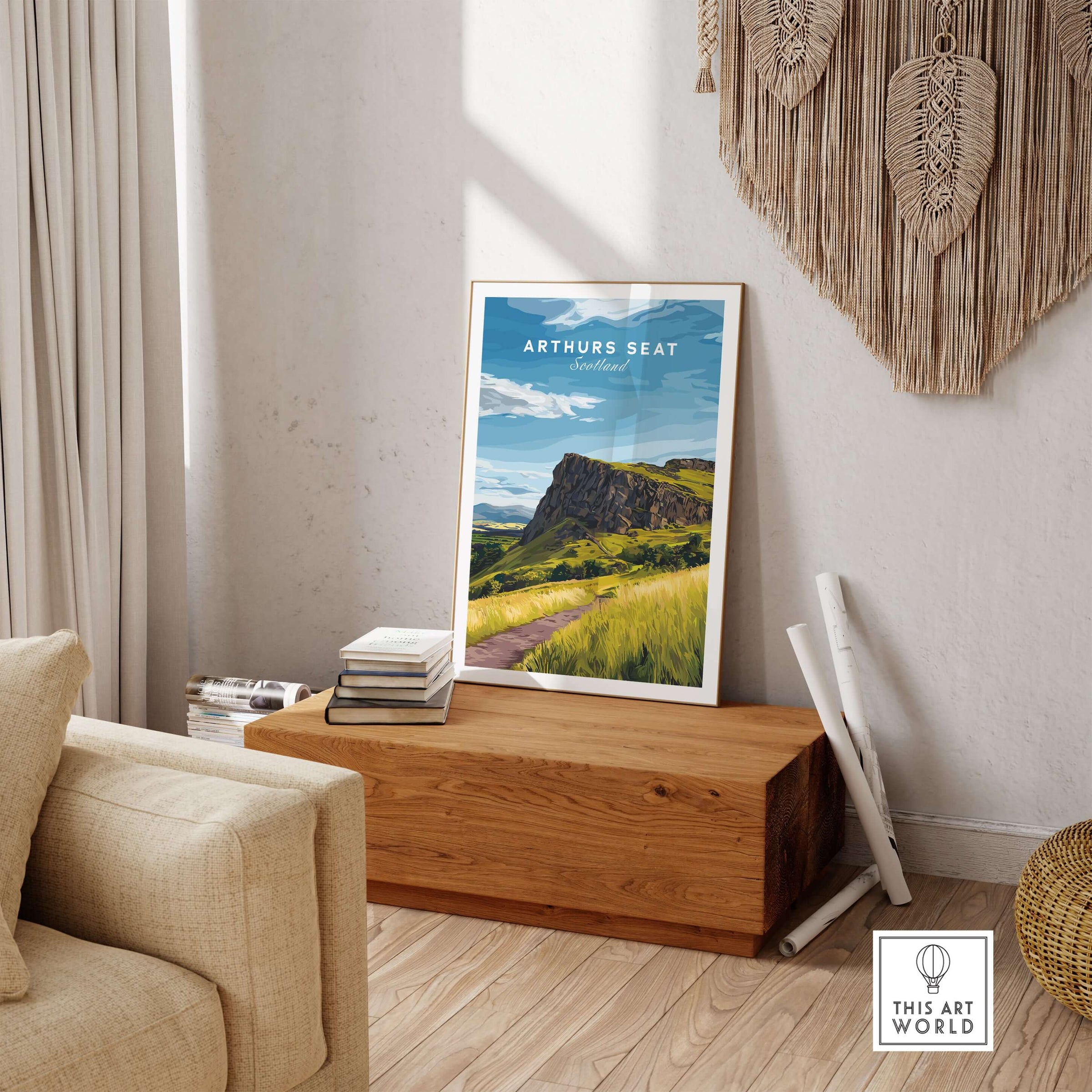 Arthurs Seat Scotland Travel Print displayed in a cozy home interior with natural light and wooden furniture.