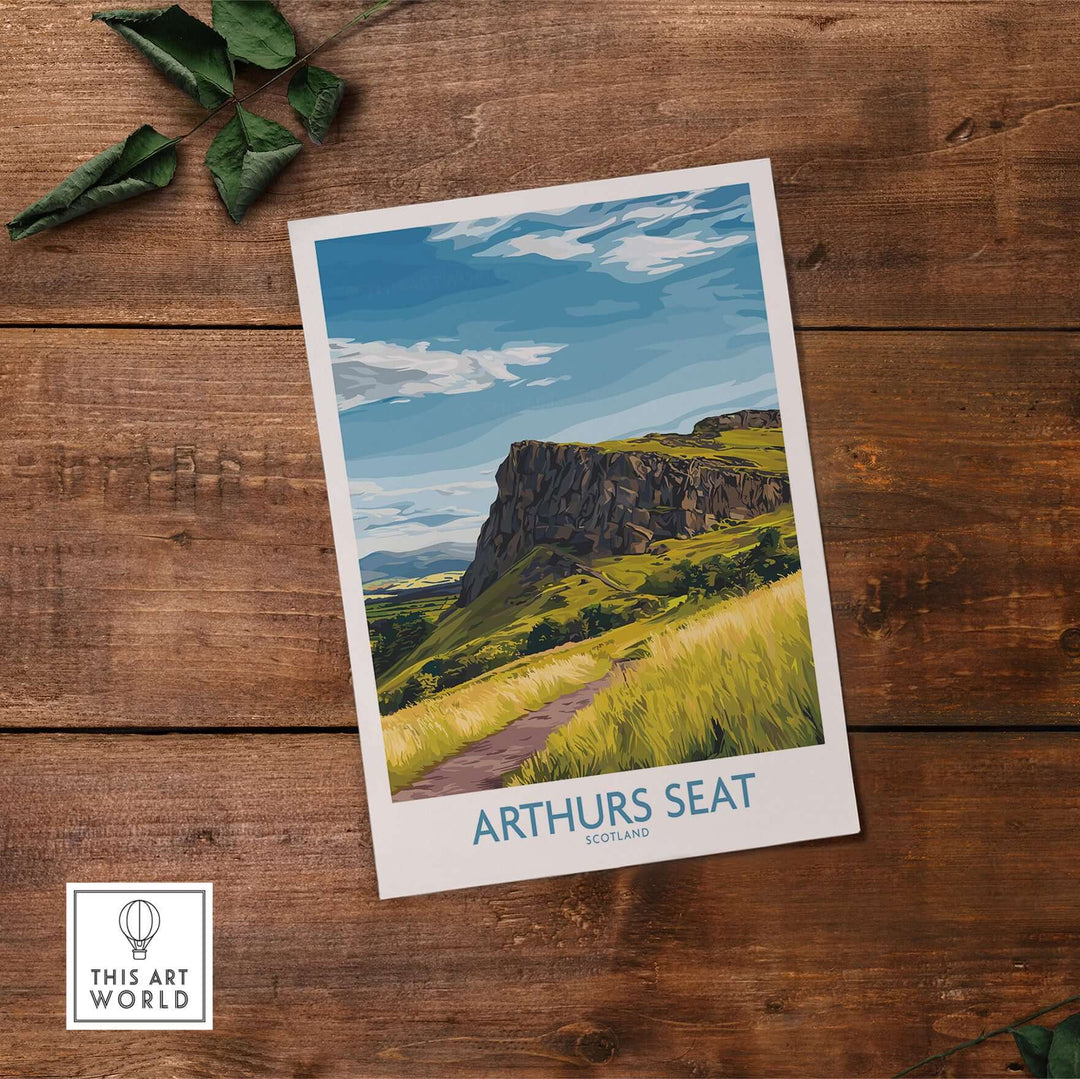 Colorful Arthurs Seat wall art print showcasing Scotland's scenic landscapes and iconic peak on wooden background.
