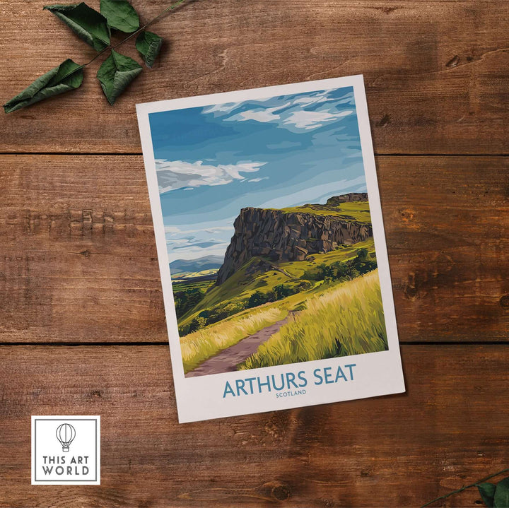 Colorful Arthurs Seat wall art print showcasing Scotland's scenic landscapes and iconic peak on wooden background.