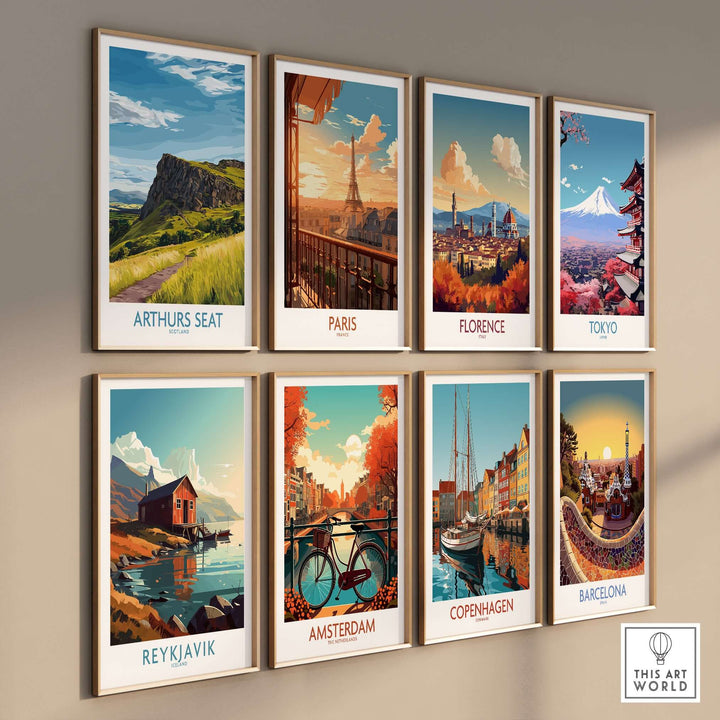 Gallery of travel-inspired wall art prints featuring Arthurs Seat, Paris, Florence, Tokyo, Reykjavik, Amsterdam, Copenhagen, and Barcelona.